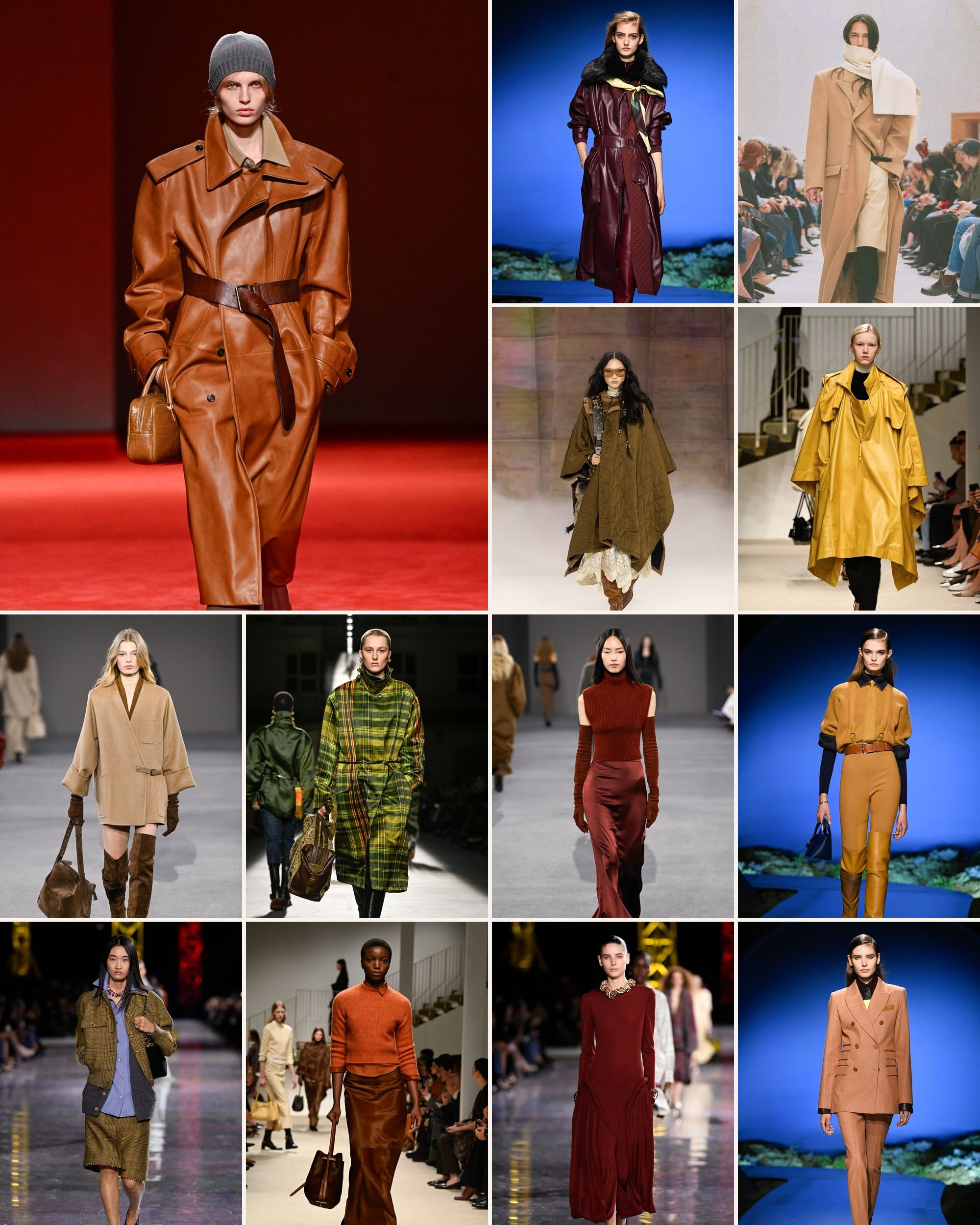 Treize silhouettes des défilés automne-hiver 2026 en rouille, olive, bordeaux, camel et moutarde : Bottega Veneta, Hermès, Celine, Chloé, Tod’s, Max Mara, Dries Van Noten, Chanel